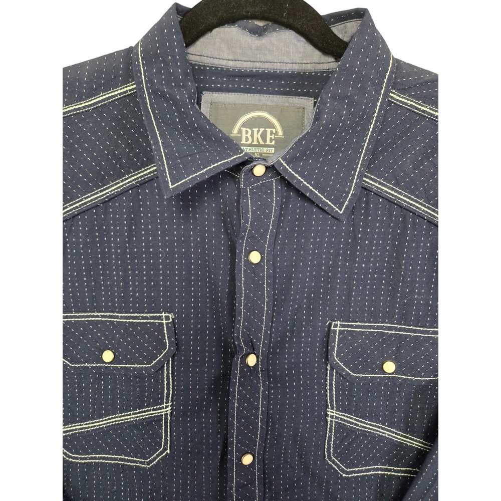 BKE Athletic Fit Mens XL Button Down Shirt Navy Blue Cotton Stripe Western B2239